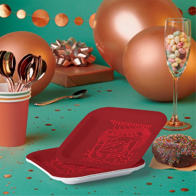 Retro Red Circuit Board Tech Pattern Paper Plates (Creator Uploaded)