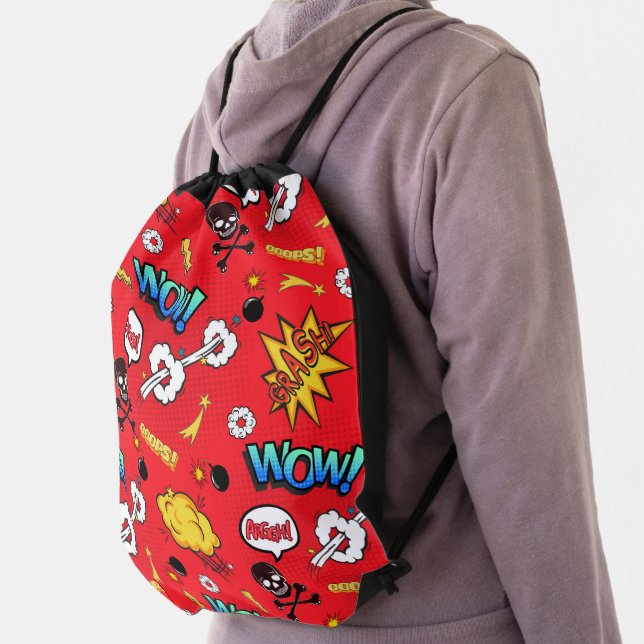 Retro Red Comic Book Pop Art Explosion Pattern Drawstring Bag (Insitu)