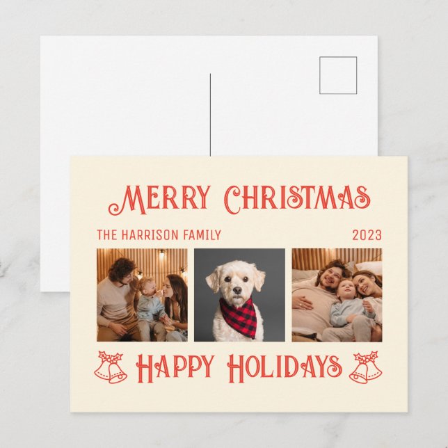 Retro Red Cream Christmas Holidays Photos Collage Postcard (Front/Back)