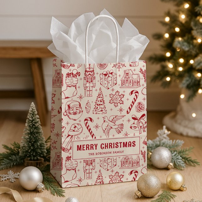 Retro Red Doodle Merry Christmas Medium Gift Bag (Creator Uploaded)