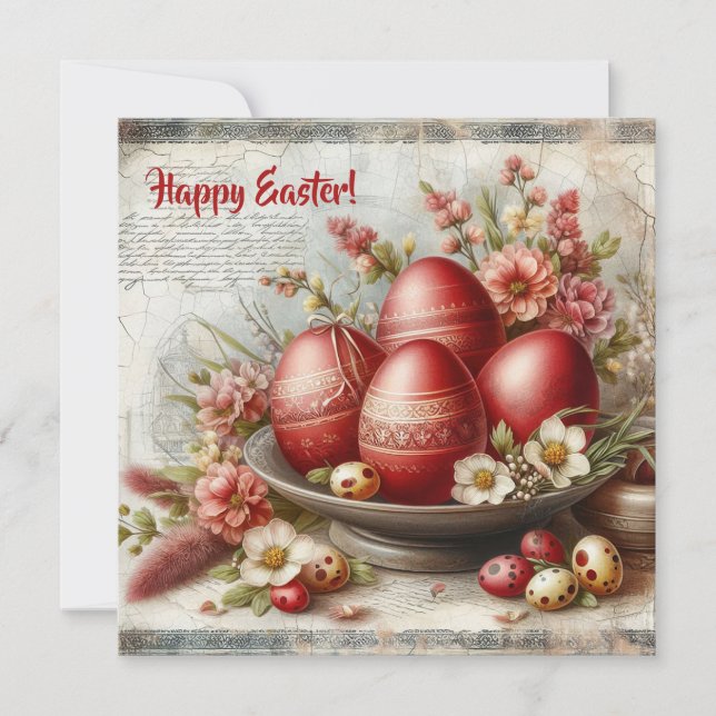 Retro red Easter eggs watercolor spring flowers Holiday Card (Front)