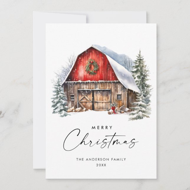 Retro Red Farm Barn Christmas Tree Greeting Holiday Card (Front)
