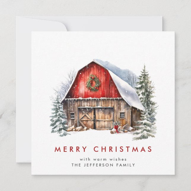 Retro Red Farm Barn Christmas Tree Greeting Holiday Card (Front)