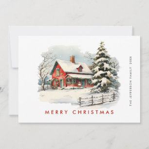 Retro Red Farm Barn Christmas Tree Greeting Holiday Card