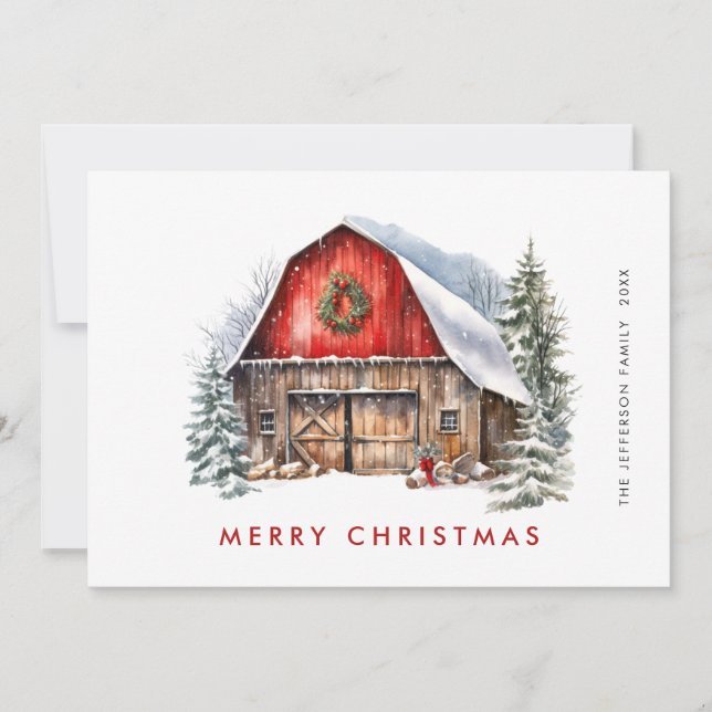 Retro Red Farm Barn Christmas Tree Greeting Holiday Card (Front)