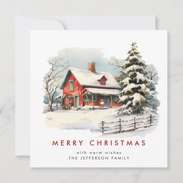 Retro Red Farm Barn Christmas Tree Greeting Holiday Card (Front)