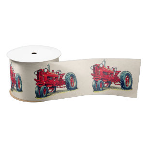 Retro Red Farm Tractor Satin Ribbon