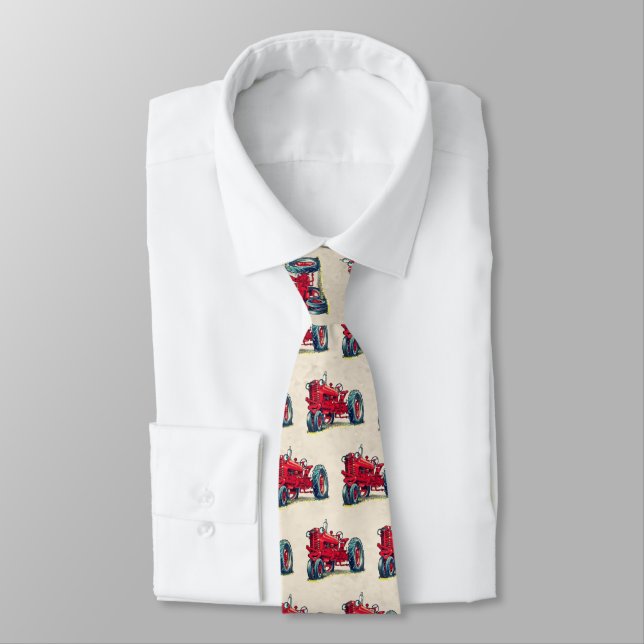 Retro Red Farm Tractor with Eyeballs Neck Tie (Tied)