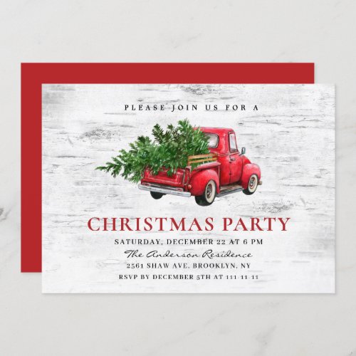 Retro Red Farm Truck Birch Bark Christmas Party Invitation
