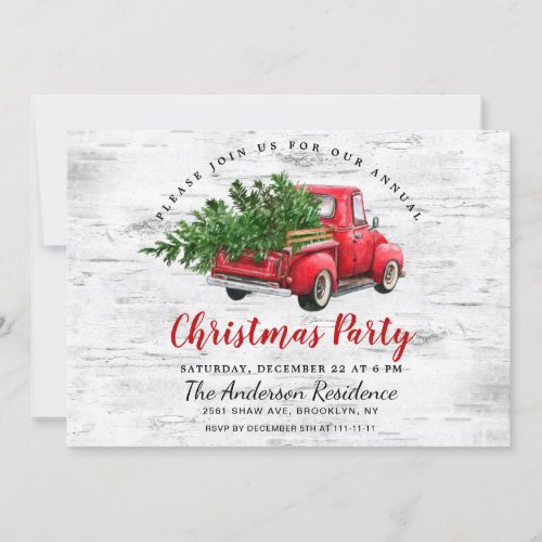 Retro Red Farm Truck Birch Bark Christmas Party Invitation