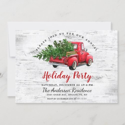 Retro Red Farm Truck Birch Bark Holiday Party Invitation