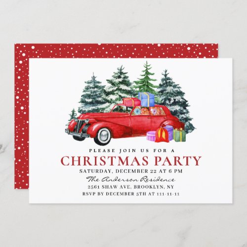 Retro Red Farm Truck Birch Christmas Holiday Party Invitation
