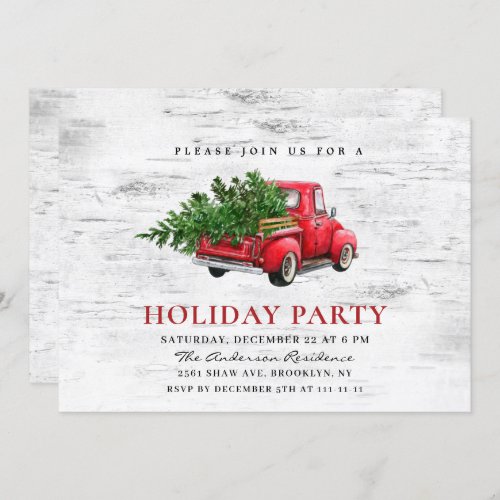 Retro Red Farm Truck Birch Christmas Holiday Party Invitation