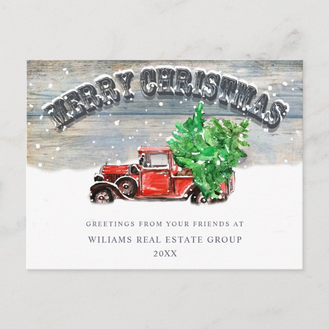 Retro Red Farm Truck Christmas Corporate Greeting Holiday Postcard (Front)