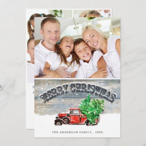 Retro Red Farm Truck Christmas Greeting 4 PHOTO Holiday Card