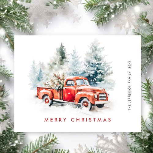 Retro Red Farm Truck Christmas Greeting Holiday Postcard