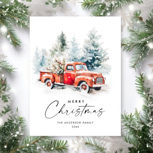 Retro Red Farm Truck Christmas Greeting Holiday Postcard