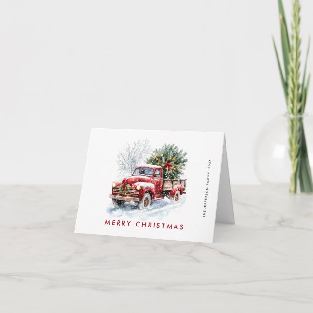 Retro Red Farm Truck Christmas Tree Greeting Holiday Card (Front)