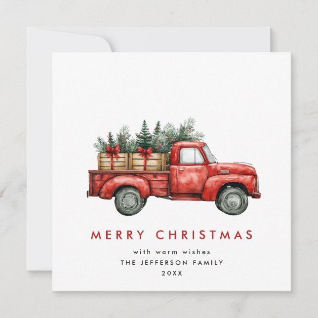 Retro Red Farm Truck Christmas Tree Greeting Holiday Card (Front)