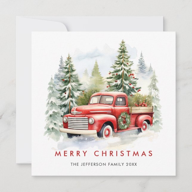 Retro Red Farm Truck Christmas Tree Greeting Holiday Card (Front)