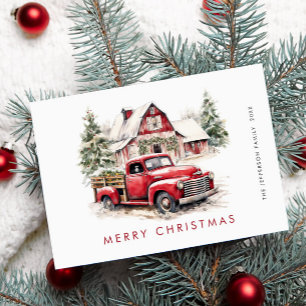 Retro Red Farm Truck Christmas Tree Greeting Holiday Card