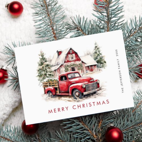 Retro Red Farm Truck Christmas Tree Greeting Holiday Card