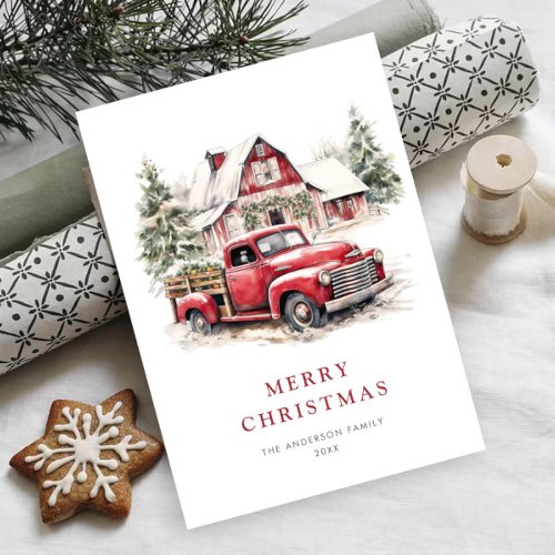 Retro Red Farm Truck Christmas Tree Greeting Holiday Card