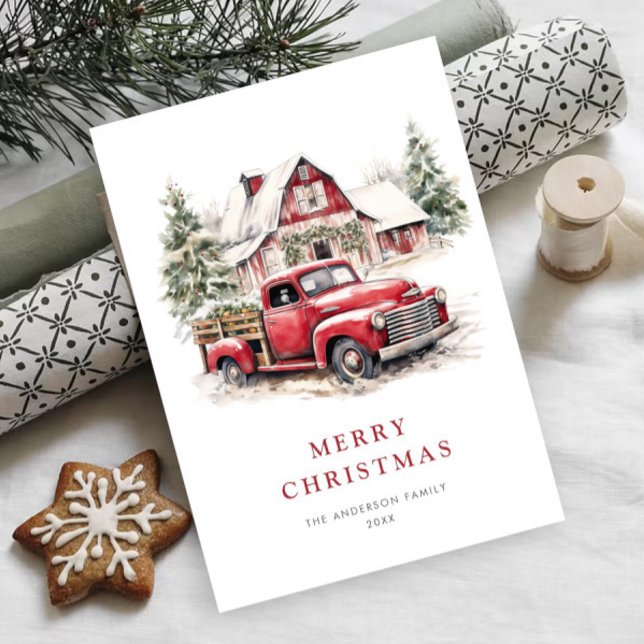 Retro Red Farm Truck Christmas Tree Greeting Holiday Card (Creator Uploaded)