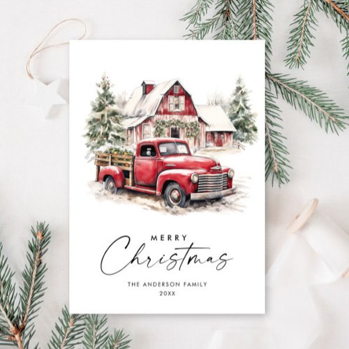 Retro Red Farm Truck Christmas Tree Greeting Holiday Card