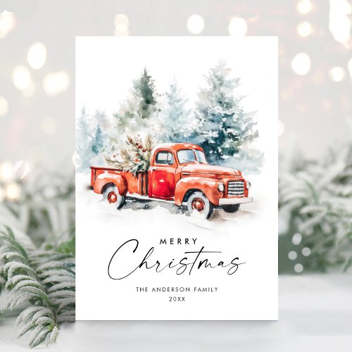 Retro Red Farm Truck Christmas Tree Greeting Holiday Card