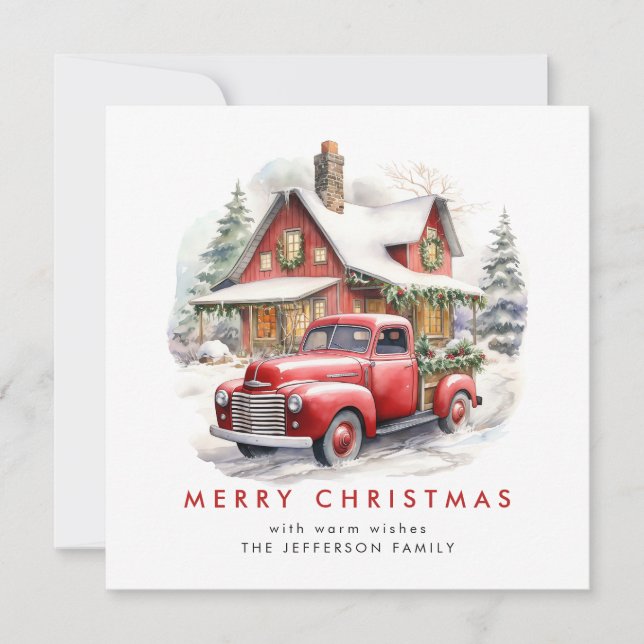 Retro Red Farm Truck Christmas Tree Greeting Holiday Card (Front)