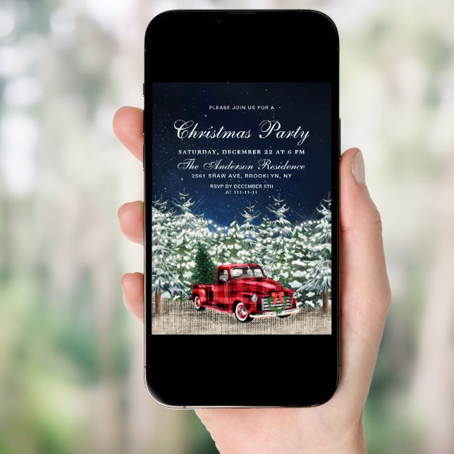 Retro Red Farm Truck Winter Forest Christmas Party Invitation (Front Digital)