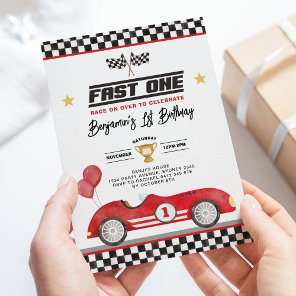 Retro Red Fast One Race Car Boy 1st Birthday Invitation