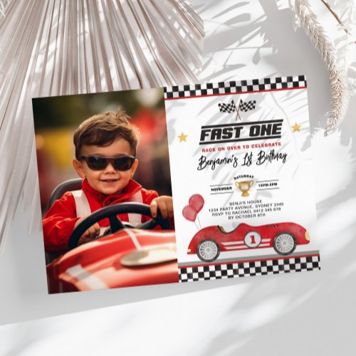 Retro Red Fast One Racing Car 1st Birthday Photo Invitation