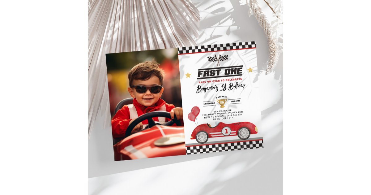 Retro Red Fast One Racing Car 1st Birthday Photo Invitation | Zazzle