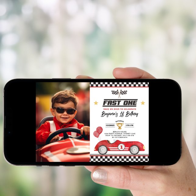 Retro Red Fast One Racing Car 1st Birthday Photo Invitation (Front Digital)