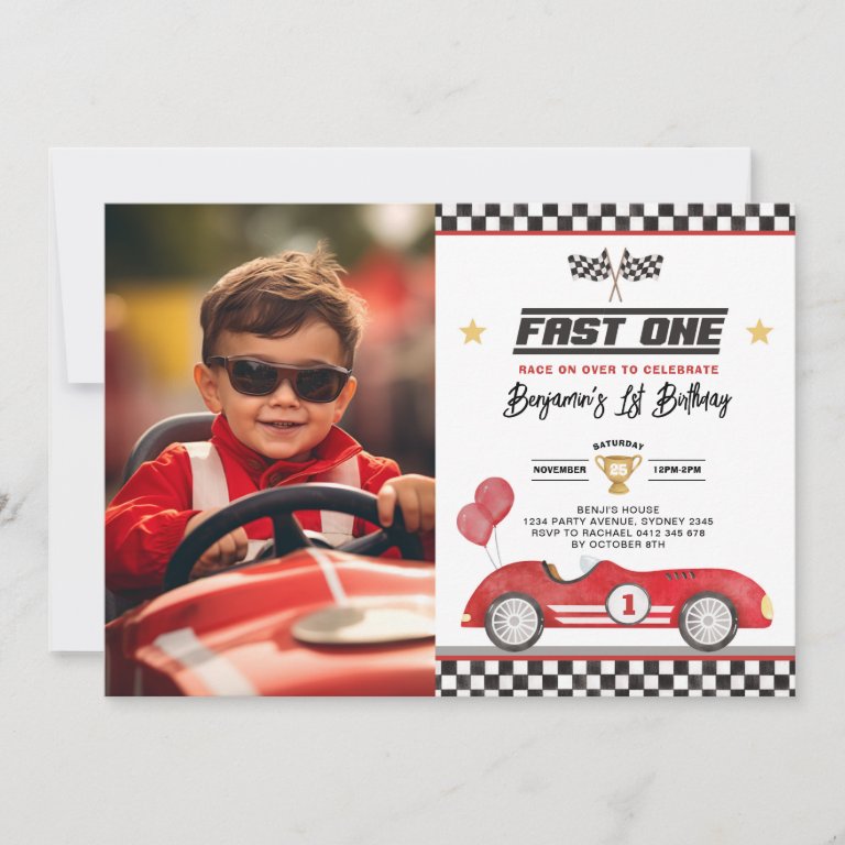 Retro Red Fast One Racing Car 1st Birthday Photo Invitation