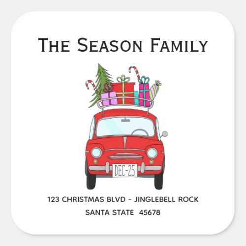 Retro Red Fiat 500 with Christmas Gifts Square Sticker