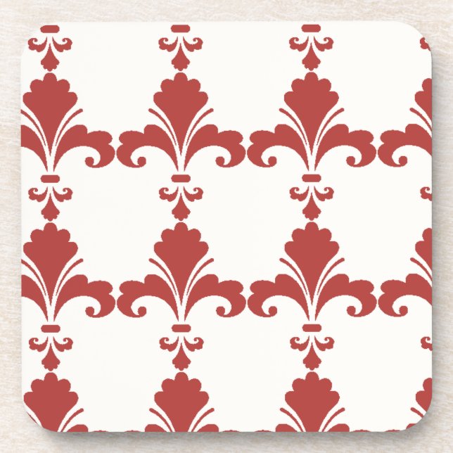 Retro Red Fleur-De-Lis Pattern Drink Coaster (Front)