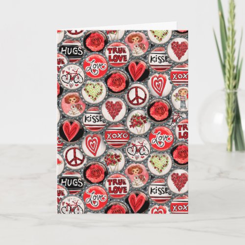 Retro Red Floral Hearts Bottle Cap Valentines Day Holiday Card