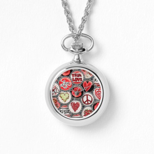 Retro Red Floral Hearts Bottle Cap Valentines Day Watch
