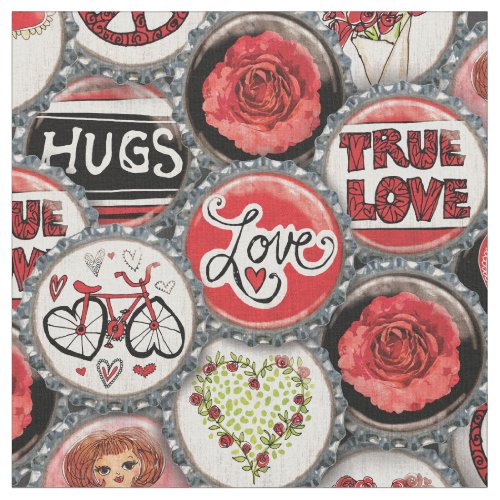 Retro Red Floral Hearts Girl Roses Valentines Day Fabric