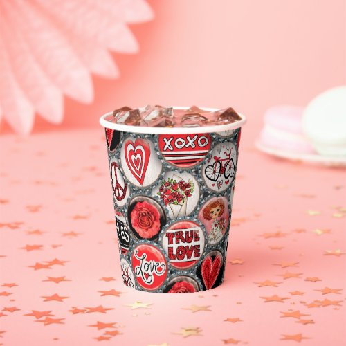 Retro Red Floral Hearts Girl Roses Valentines Day Paper Cups