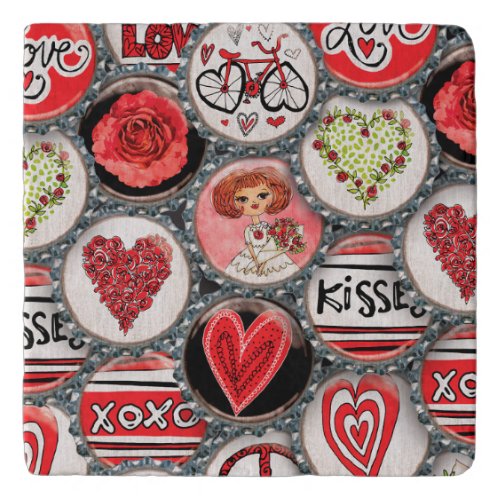 Retro Red Floral Hearts Girl Roses Valentines Day Trivet