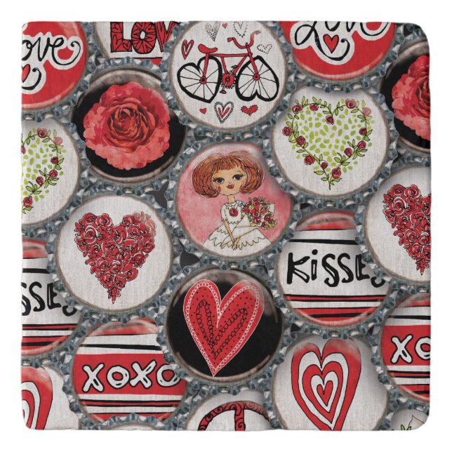 Retro Red Floral Hearts Girl Roses Valentine's Day Trivet (Front)