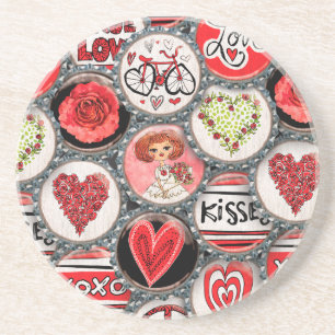 Retro Red Floral Hearts Girl Valentine's Day Coaster