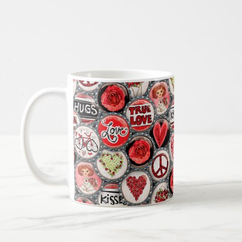 Retro Red Floral Hearts Kisses Valentines Day Coffee Mug