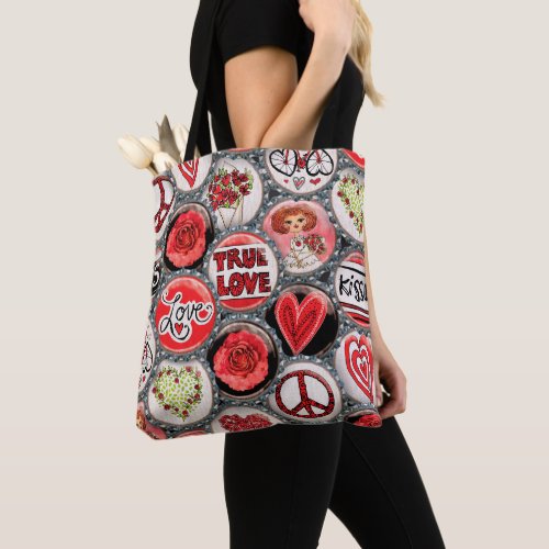 Retro Red Floral Hearts True Love Bottle Cap Art Tote Bag