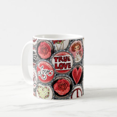 Retro Red Floral Hearts True Love Valentines Day Coffee Mug