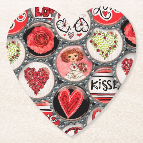 Retro Red Floral Hearts True Love Valentines Day  Paper Coaster